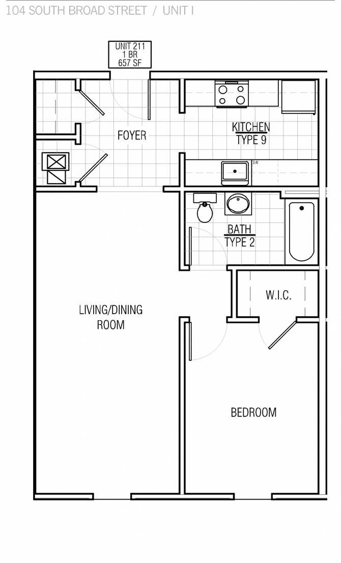 Floor plan for 1 bed, 1 bath